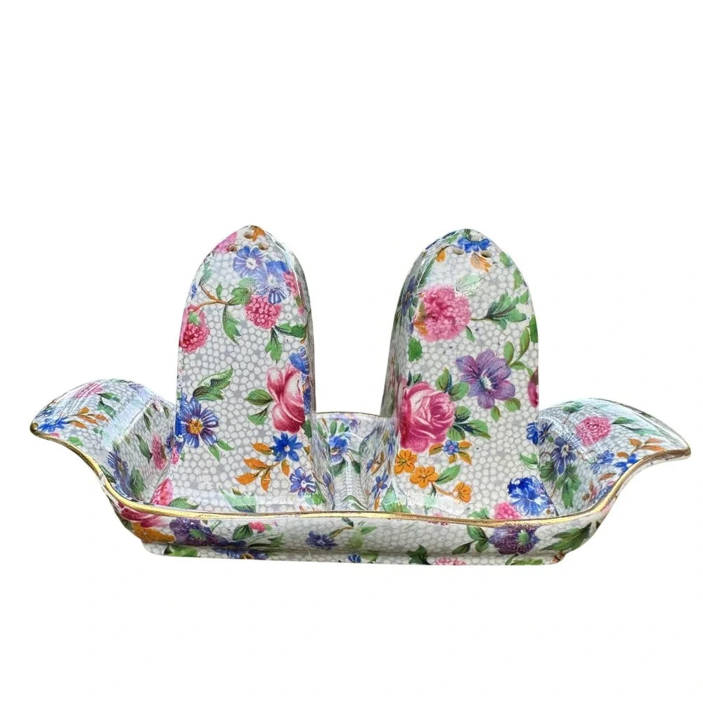 Royal Winton Old Cottage Chintz Salt Pepper Shakers Tray Grimwades England 1930s